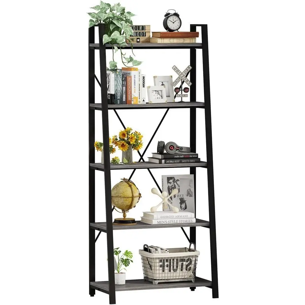 Home Office Industrial Style - 5-Tier Ladder Bookshelf, Industrial Style, Wood