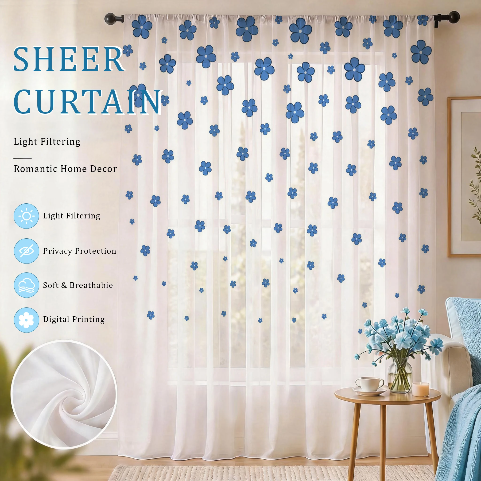 Home Office Youtube - Light blue Modern Gradient Sheer Curtain,