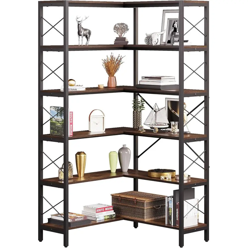 Home Office Industrial Style - 6-Tier L-Shaped Large Bookcase, Industrial Style