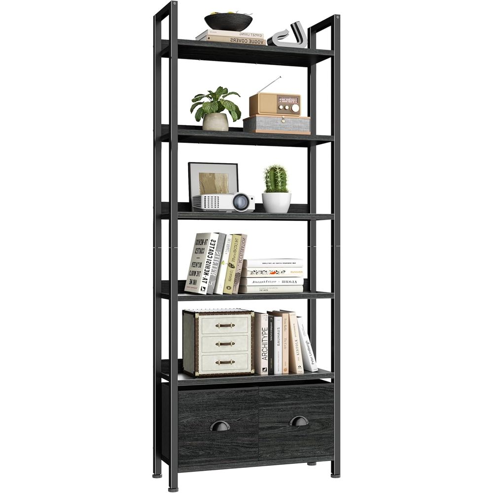 Home Office Industrial Style - 6-Tier Tall Bookcase with 2 Drawers