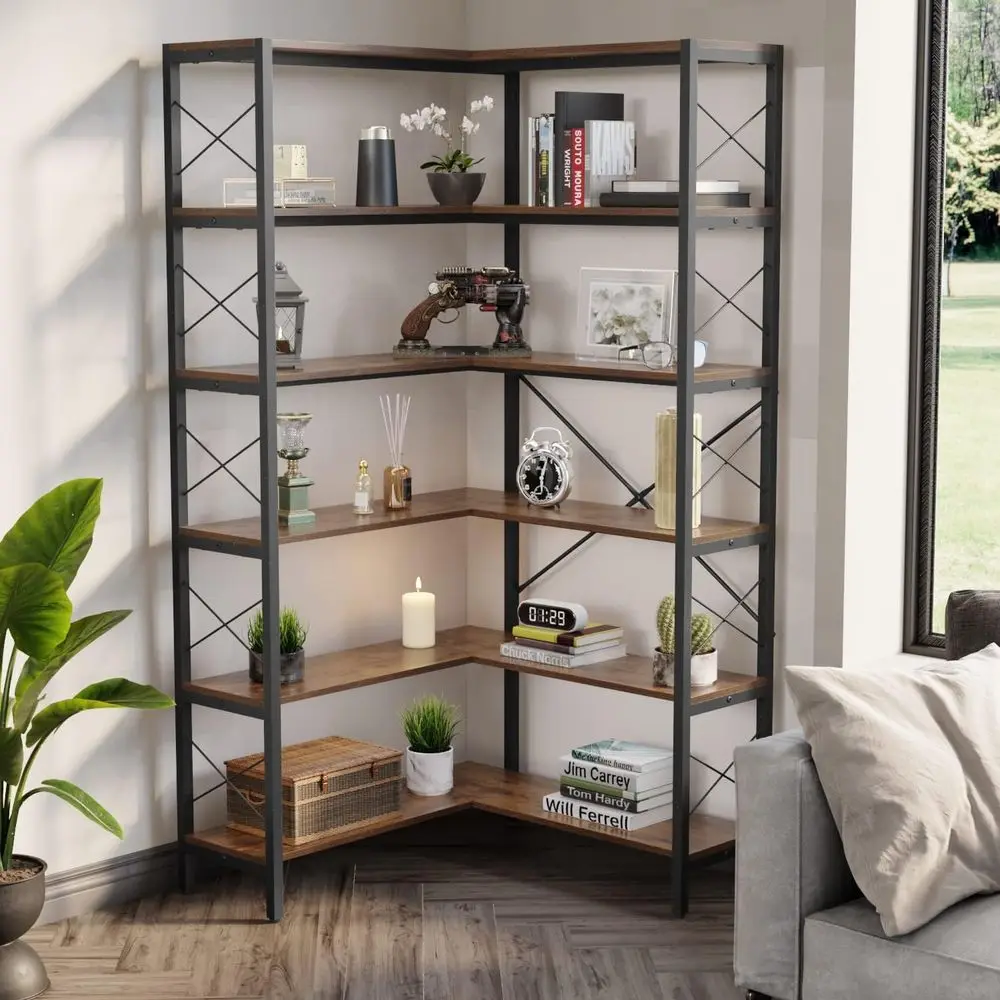 6-Tier L-Shaped Large Bookcase - Home Office Industrial Style recension och pris