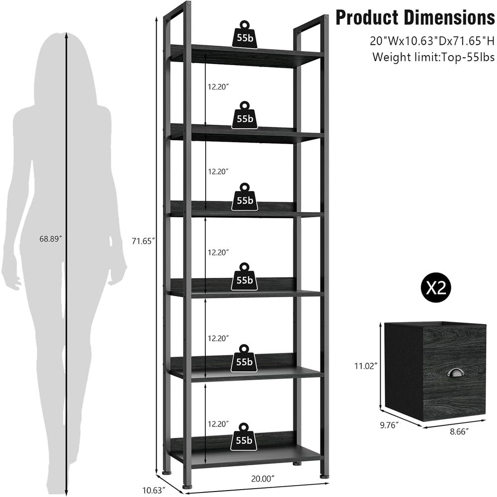 6-Tier Tall Bookcase with 2 Dr - Home Office Industrial Style recension och pris