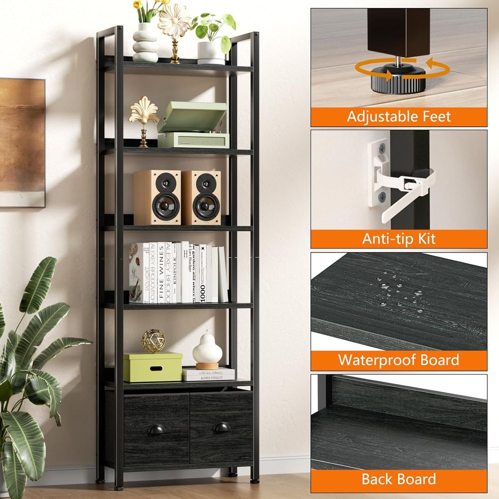 6-Tier Tall Bookcase with 2 Dr - Home Office Industrial Style recension och pris